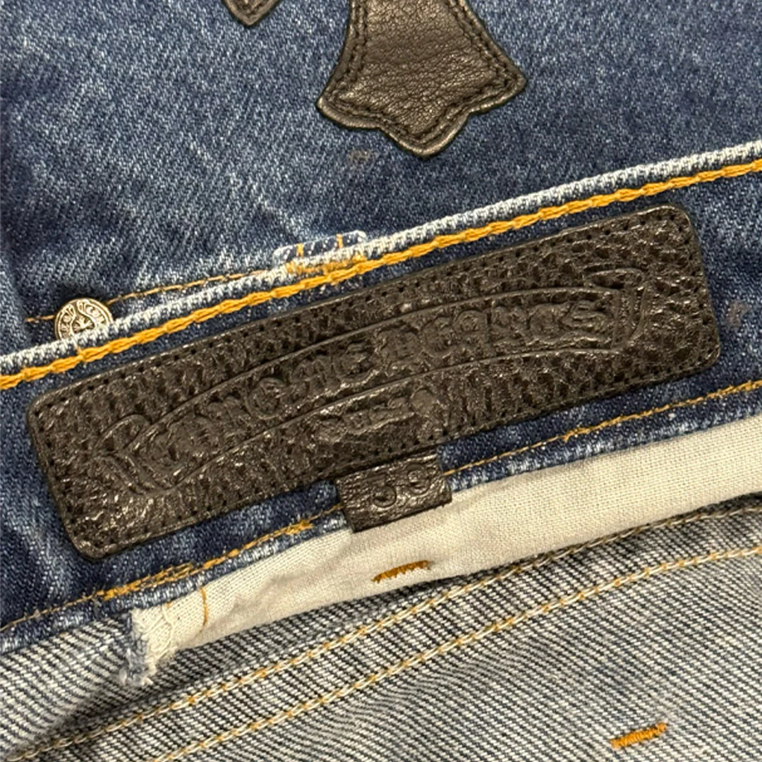 Chrome Hearts Blue Denim Black Cross Patch Jeans - Image 3