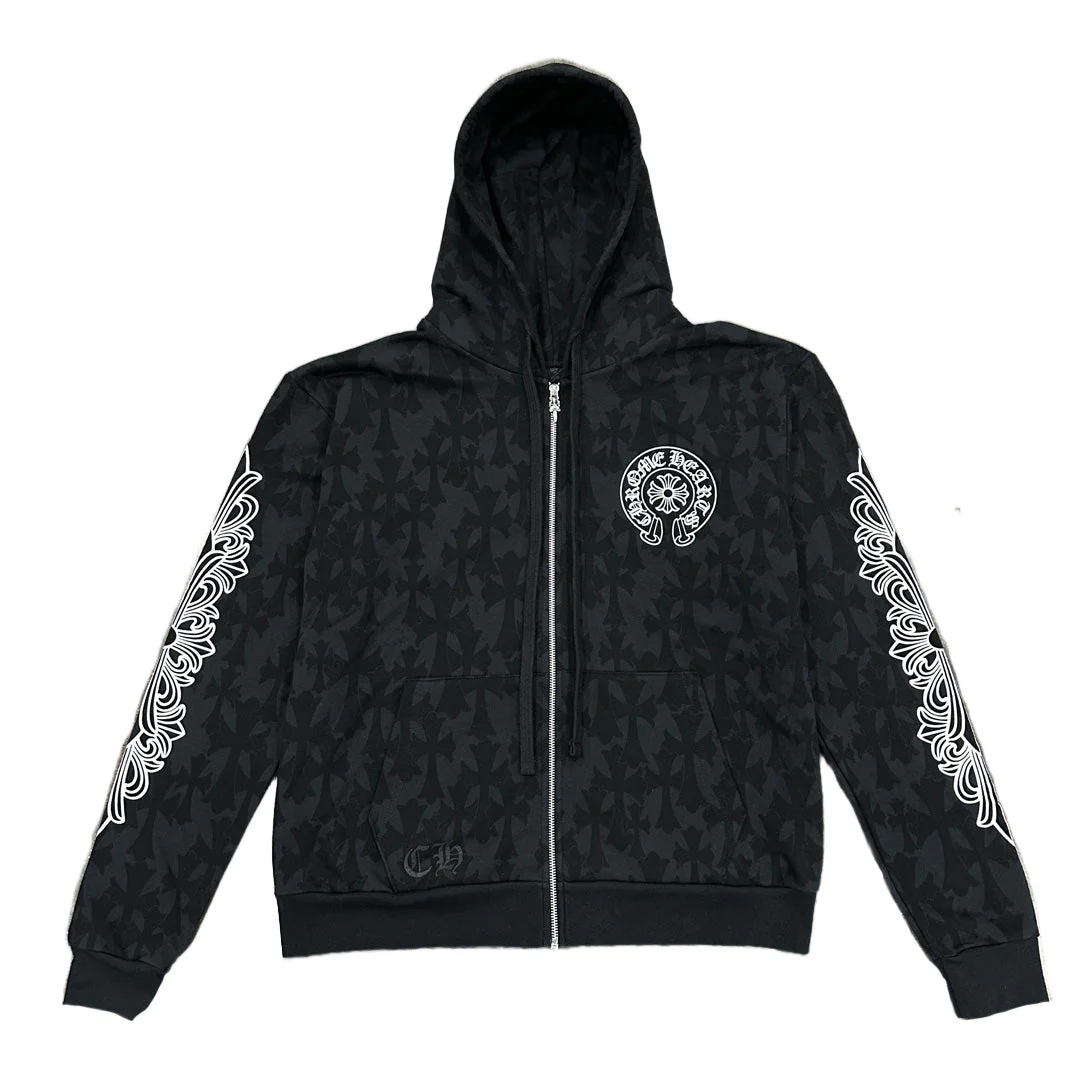 Chrome Hearts Cemetery Cross All Over Print Logo Zip Up Hoodie