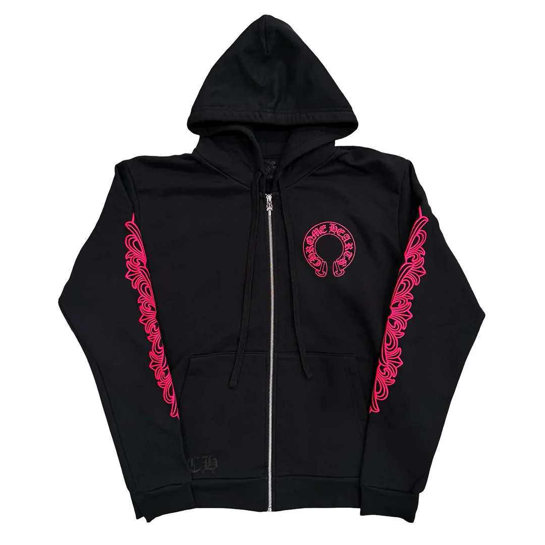 Chrome Hearts Floral Horseshoe Logo Zip Up Hoodie Black Pink