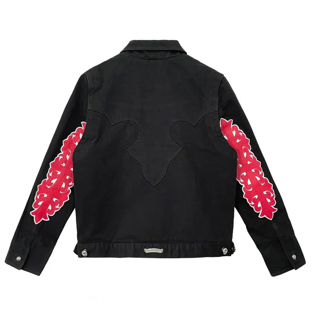 Chrome Hearts Red Floral Cross Leather Patch Black Denim Jacket
