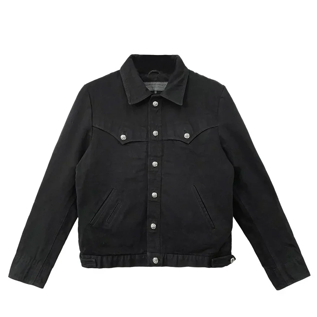 Chrome Hearts Red Floral Cross Leather Patch Black Denim Jacket - Image 2