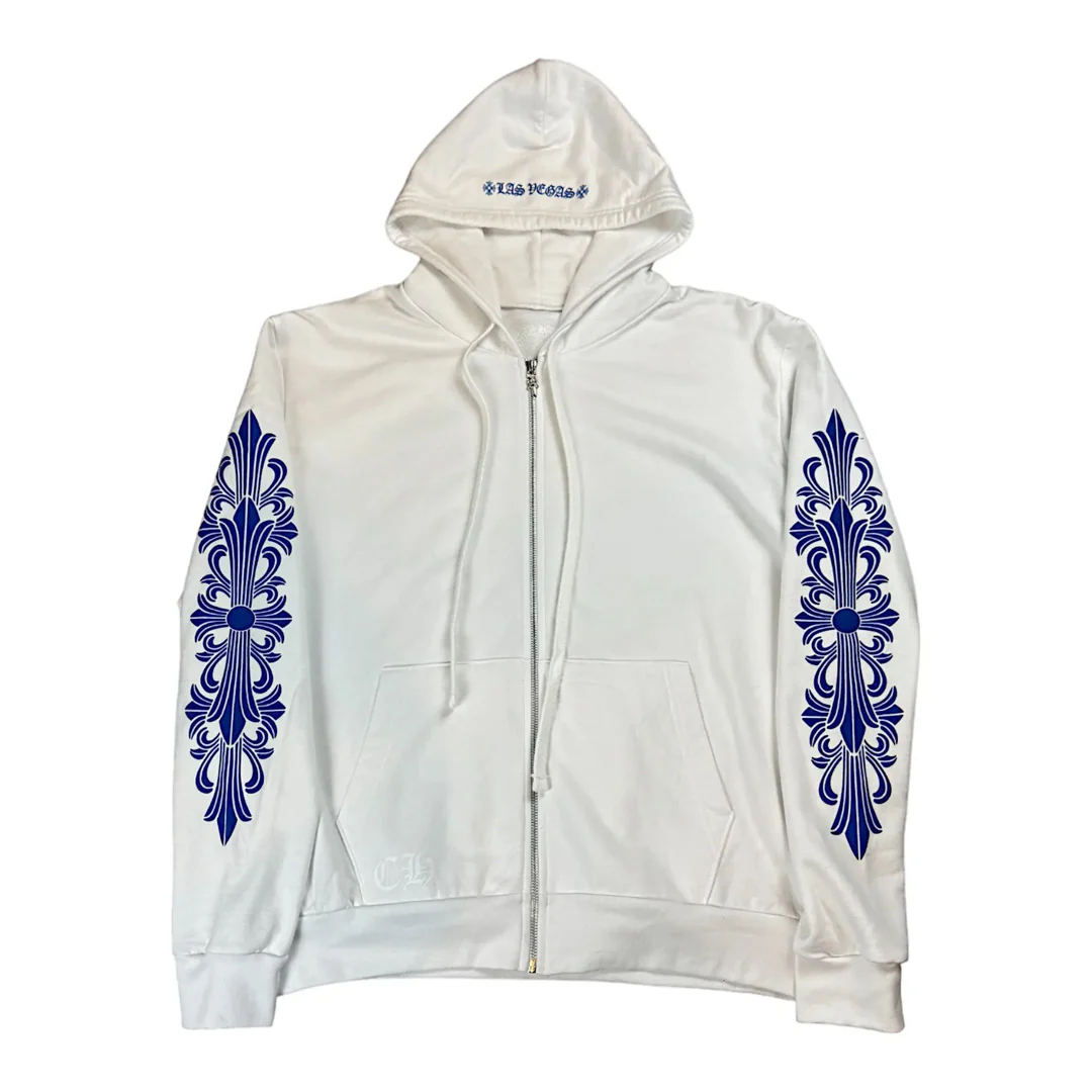 Chrome Hearts Rolling Stones Floral Zip Up Hoodie White/Blue - Image 2