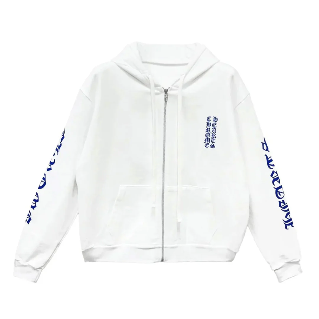 Chrome Hearts Vertical Logo Zip Up Hoodie White Blue