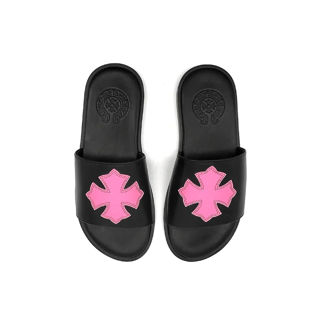 Chrome Hearts Women Patent Pink Cross Patch Slide Black Leather