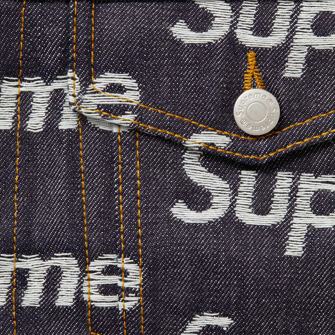 Supreme Jacquard Logos Denim Trucker Jacket Rigid Indigo - Image 2
