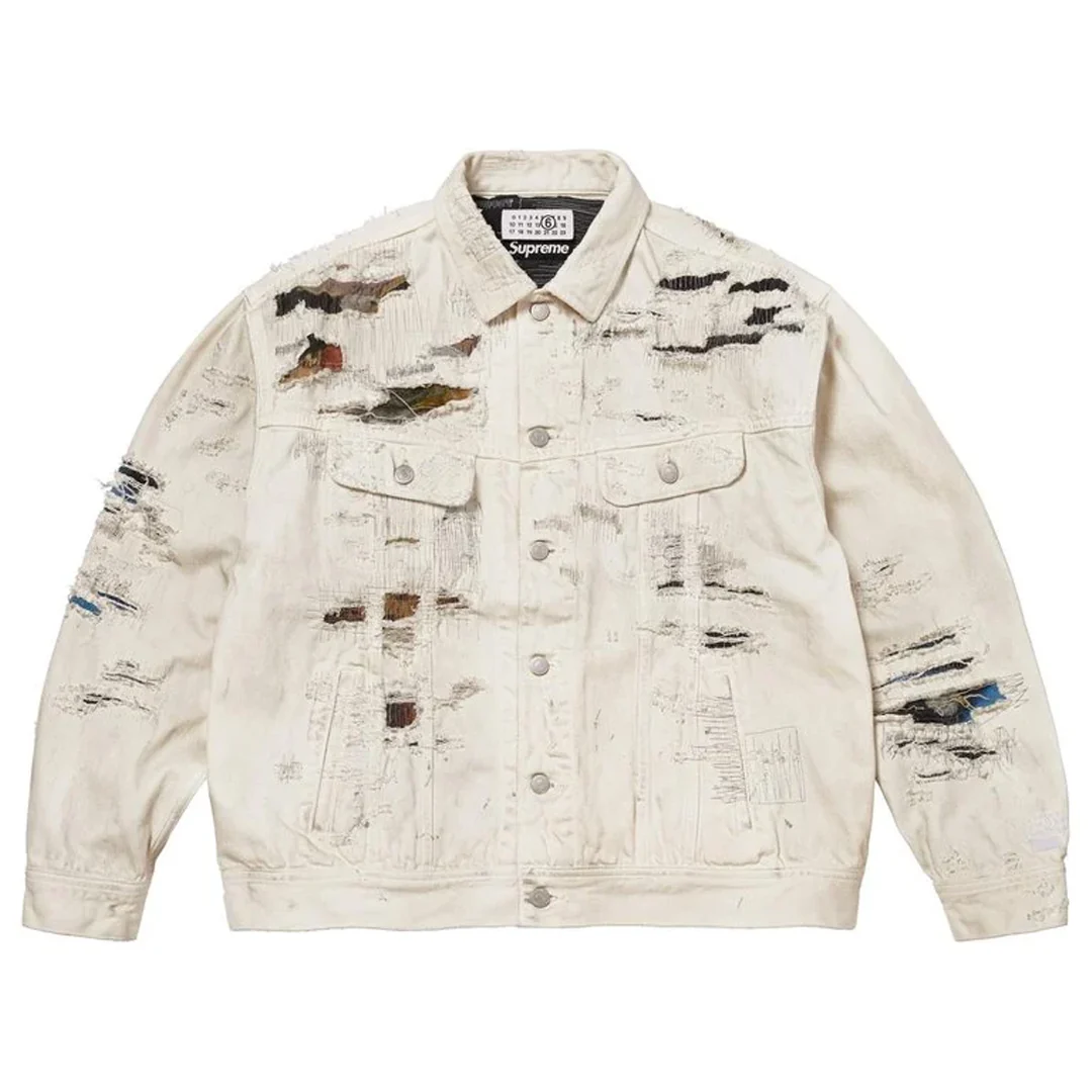 Supreme x MM6 Maison Margiela White Distressed Selvedge Denim Trucker Jacket