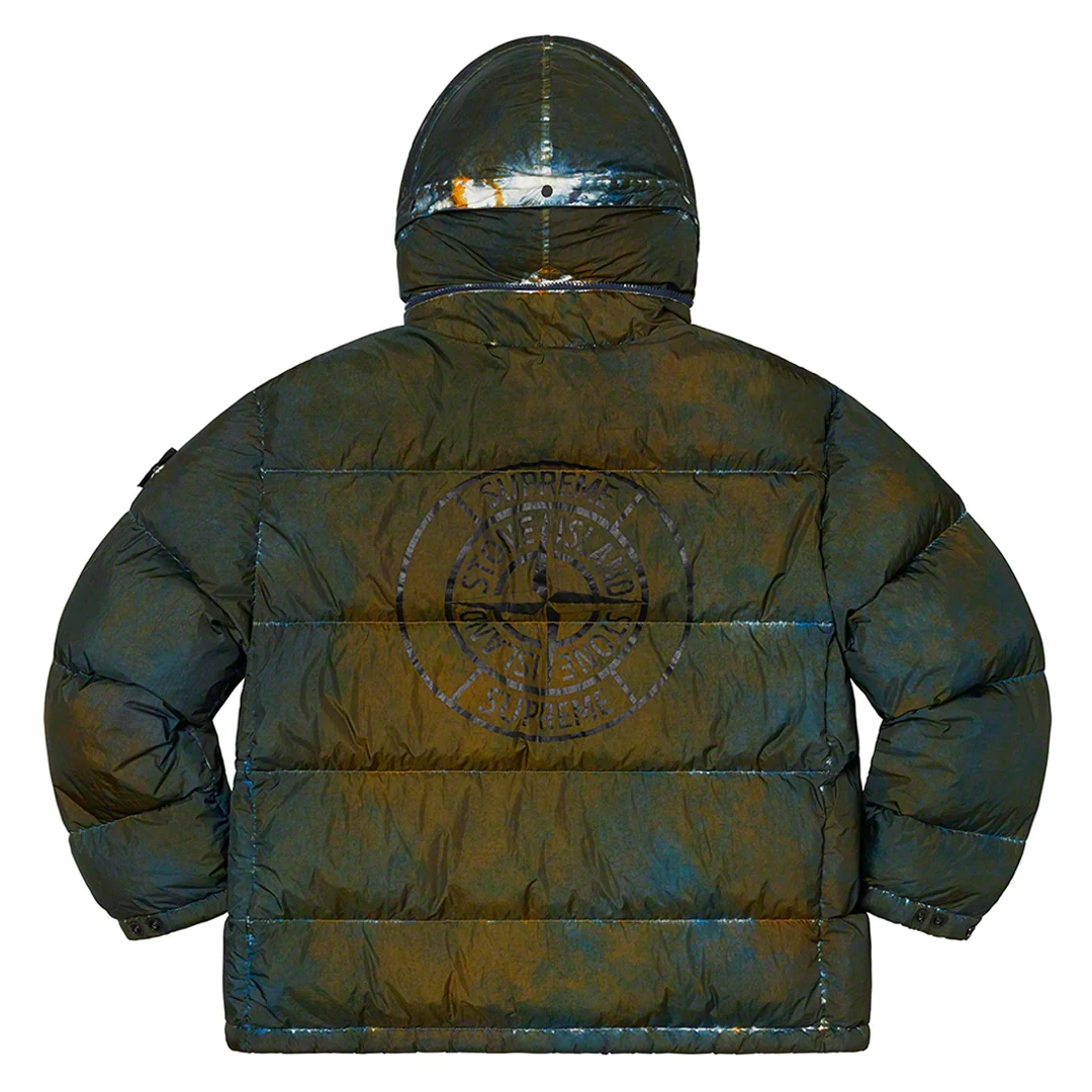 Supreme x Stone Island Painted Camo Crinkle Down Jacket Dark Teal - Image 2