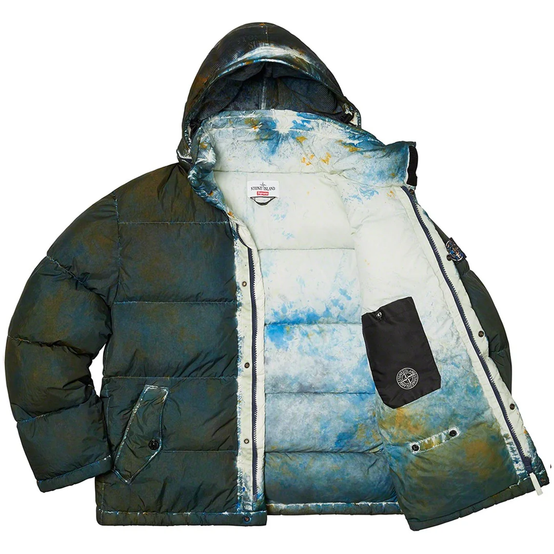 Supreme x Stone Island Painted Camo Crinkle Down Jacket Dark Teal - Image 3